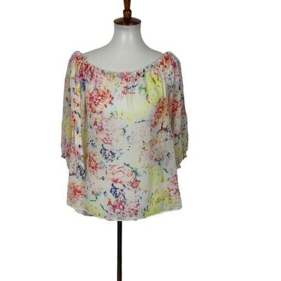 Cabi Watercolor Floral Print Off Shoulder Blouse Medium Boho Spring Summer Top - Picture 1 of 5